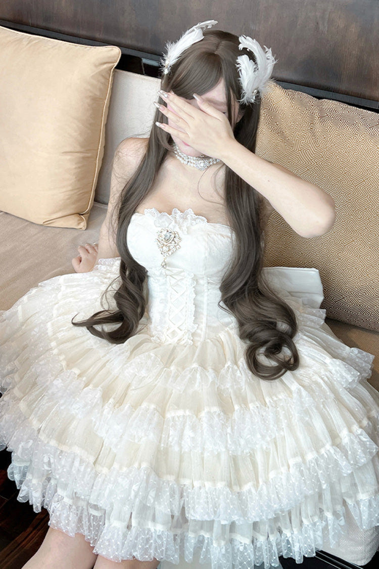 ベージュ [Heartbeat at First Sight] オフショルダー ノースリーブ ティアード フリル リボン レース レースアップ スウィート プリンセス 華やか ロリータワンピース 商品画像