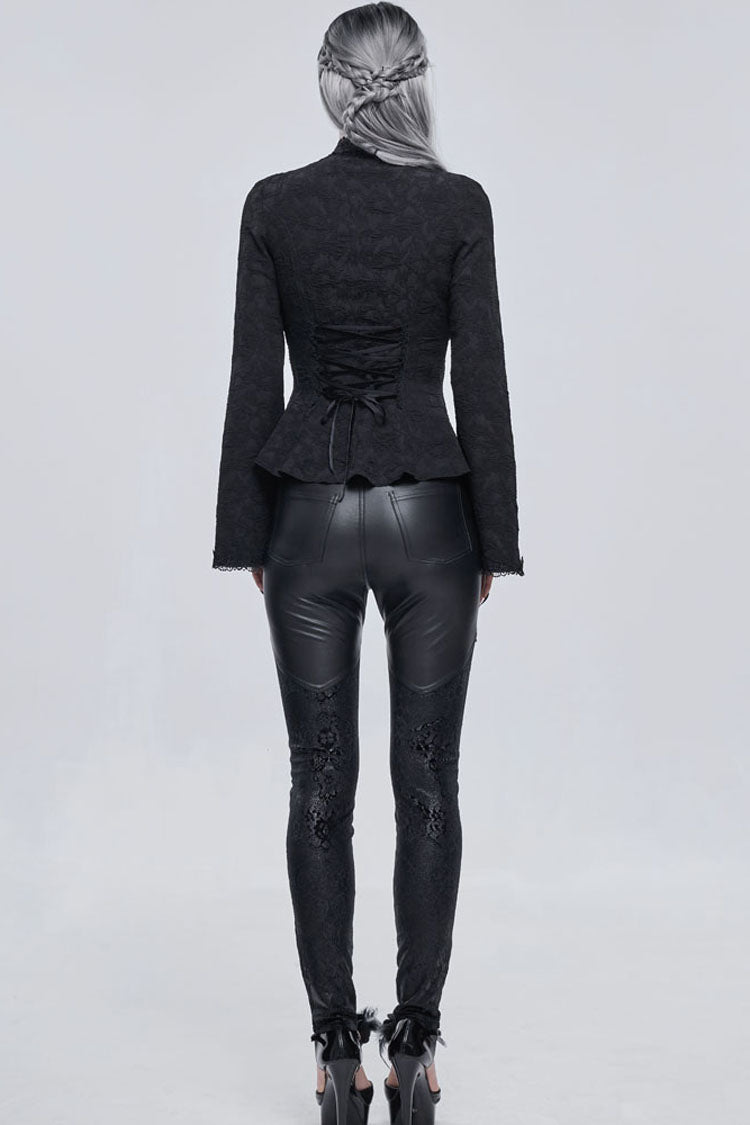 Black Gothic Metal Rose Button Leather Lace Panel Slim Fit Women's Long Pants - Product - 3