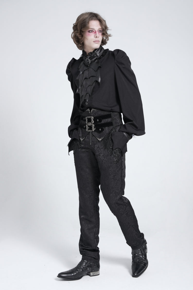Black Stand Collar Long Puff Sleeves Men's Gothic Batlike Blouse - Product - 7