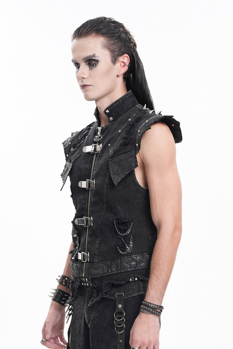 Black Stand Collar Sleeveless Rivets Chain Rings Men's Gothic Vest - Product - 2