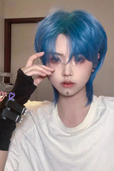 Blue/Green Gradient Natural Short Hair Medium Haircut Ouji Wig - Blue/Green - 1
