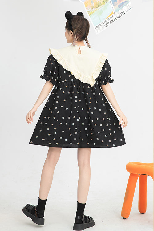 Black Ruffled Splicing Round Collar Bubble Short Sleeves Floral Print High Waisted Sweet Lolita Dress - Product - 7
