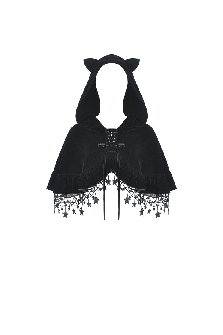 Black Lace-Up Women's Lolita Cat Ears Hooded Cape with Star Tassels - Product - 3