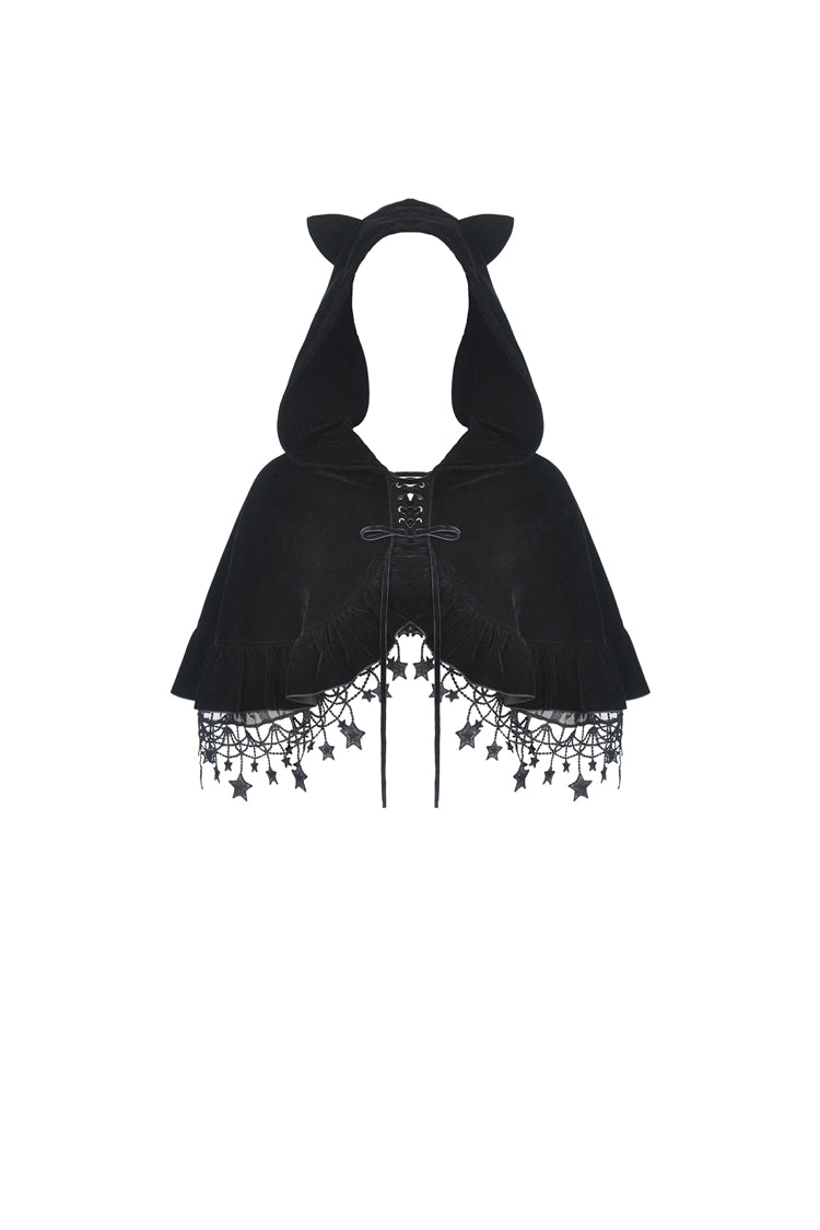 Black Lace-Up Women's Lolita Cat Ears Hooded Cape with Star Tassels - Product - 3