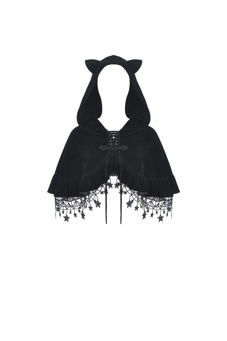 Black Lace-Up Women's Lolita Cat Ears Hooded Cape with Star Tassels - Product - 3