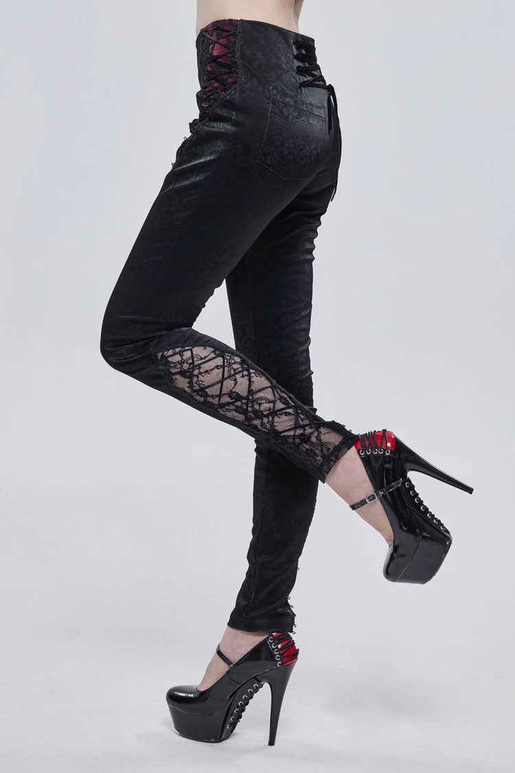 Black Textured Pattern Lace Decoration Metal Zipper Mid-High Waist Tie Women's Gothic Trousers - Product - 3
