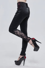 Black Textured Pattern Lace Decoration Metal Zipper Mid-High Waist Tie Women's Gothic Trousers - Product - 3