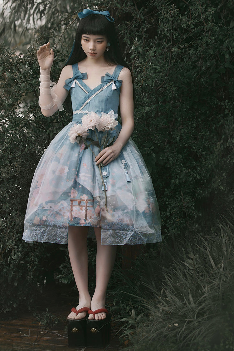 Multi-Color Mount Fuji Cherry Blossom Season Print Bowknot Alice Sweet Lolita JSK Dress - Product - 3