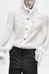 White Ruffle Stand Collar Lantern Sleeves Jacquard Men's Gothic Blouse - White - 1