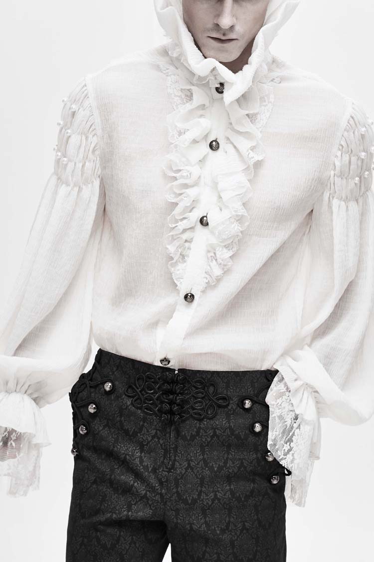 White Ruffle Stand Collar Lantern Sleeves Jacquard Men's Gothic Blouse - White - 1