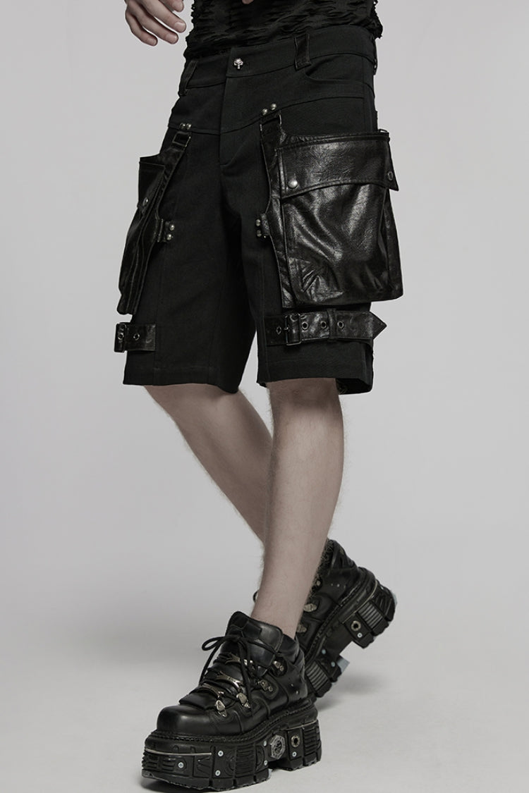Black Big-pocket Faux Leather Stitching Men's Punk Shorts - Product - 2