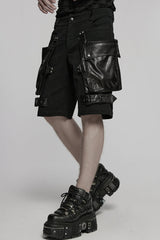 Black Big-pocket Faux Leather Stitching Men's Punk Shorts - Product - 2