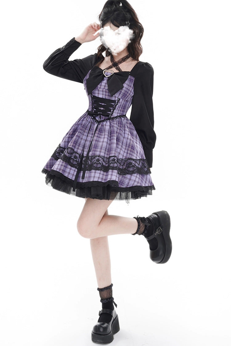 Purple [Witch Time] Long Sleeves Plaid Print Bowknot Lace Sweet Lolita Dress - Product - 4