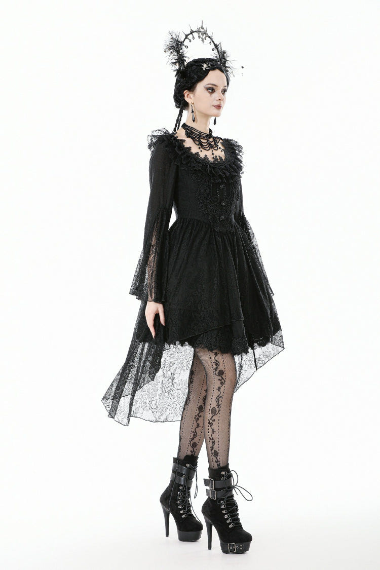Black Lace Ruffled Boat Neck Long Trumpet Sleeves High-Low Hem Women's Gothic Dress - Product - 2