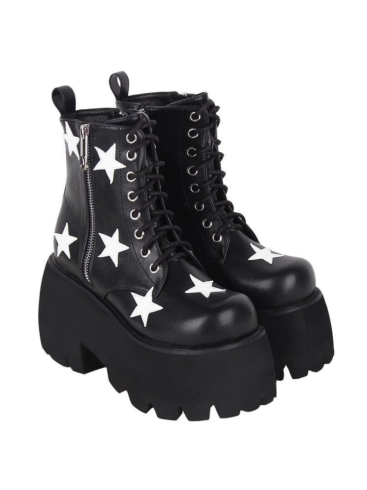 Black Five-pointed Star Print Zipper Punk Lolita Ankle Boots - Product - 3