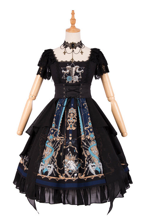 Black Lace Short Sleeve God Redemption Print Gothic Lolita Dress - Product - 4