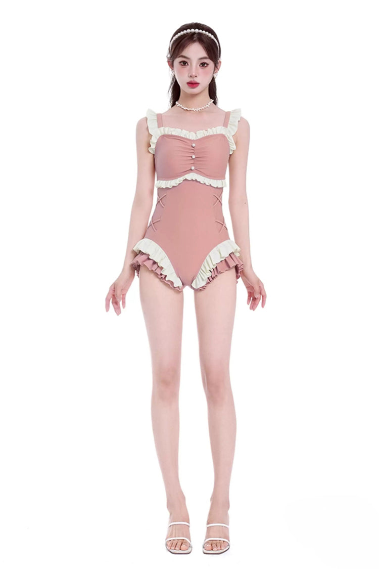 Peach Pink Square Collar Sleeveless Double-Layered Ruffled Lace-Up Pearl-Decorated Sweet Lolita One-Piece Swimsuit - Product - 6