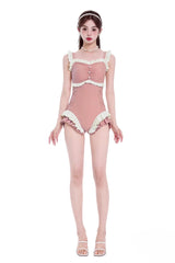 Peach Pink Square Collar Sleeveless Double-Layered Ruffled Lace-Up Pearl-Decorated Sweet Lolita One-Piece Swimsuit - Product - 6