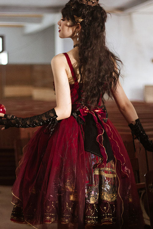 Red Decaying Forest Round Collar Bowknot Ruffled Classic Lolita JSK Dress - Product - 6