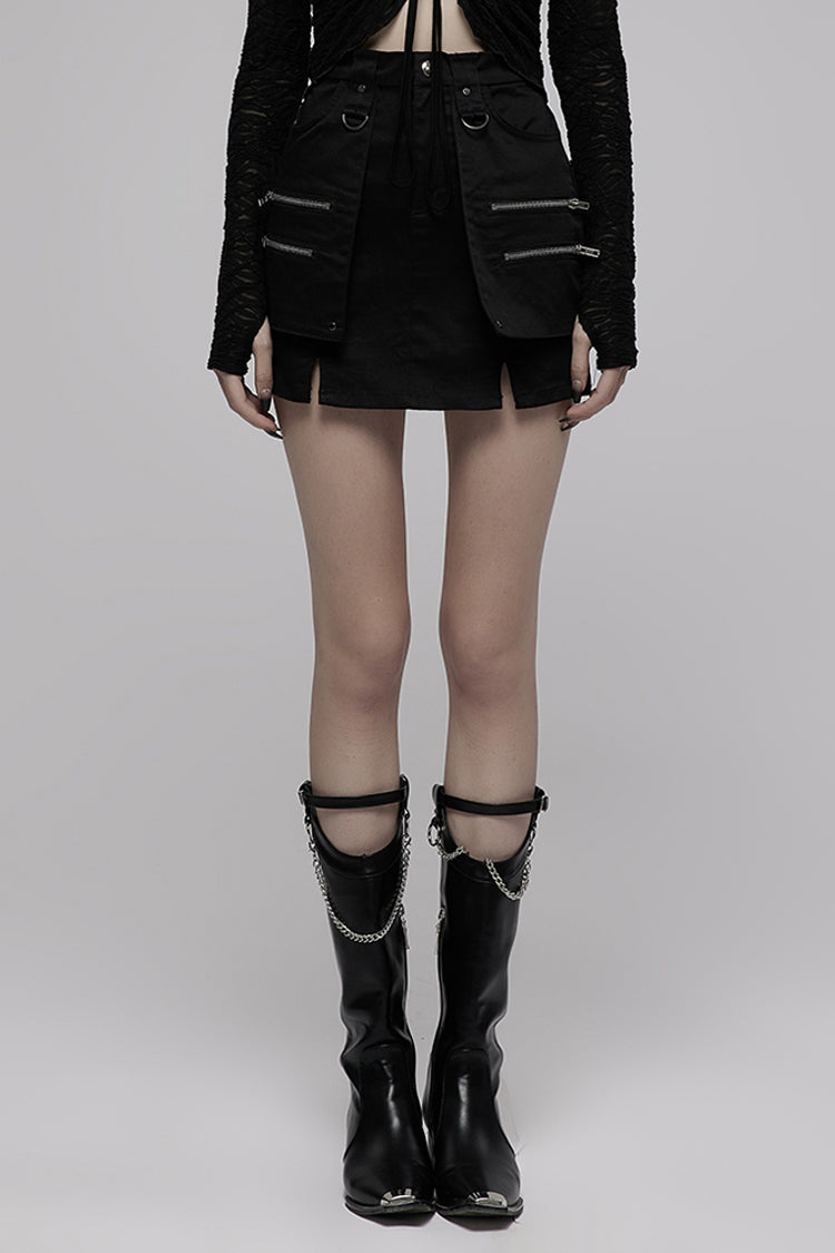 Black Heavy Industrial Hem Slit Design Multi-Pocket Zipper Trim Sexy Women's Punk Mini Skirt - Black - 1