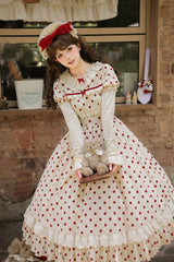 Apricot [Lollipop] Cotton Round Collar Long Lantern Sleeves Polka Dot Printed Ruffled Bow Lace Sweet Elegant Lolita Dress 2 Versions - Product - 21