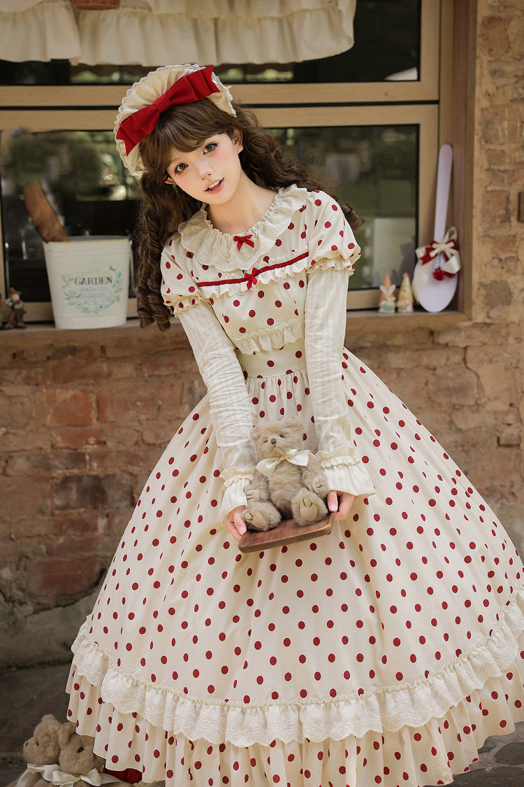 Apricot [Lollipop] Cotton Round Collar Long Lantern Sleeves Polka Dot Printed Ruffled Bow Lace Sweet Elegant Lolita Dress 2 Versions - Product - 21