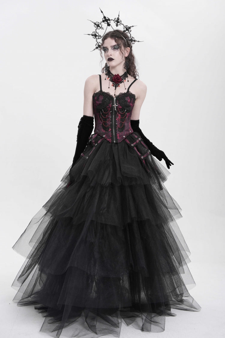 Red Sleeveless Embroidery Lace Chain Women's Gothic Vest - Product - 10