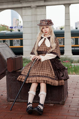 Brown [Morning Tune] Sleeveless High Waisted Print Ruffle Asymmetric Sweet Lolita Strap Dress - Product - 2