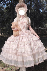 Pink [Sweetheart Diary] Multi-Layered Ruffle Hanayome Embroidery Bowknot Lace Sweet Lolita Jsk Dress - Product - 5