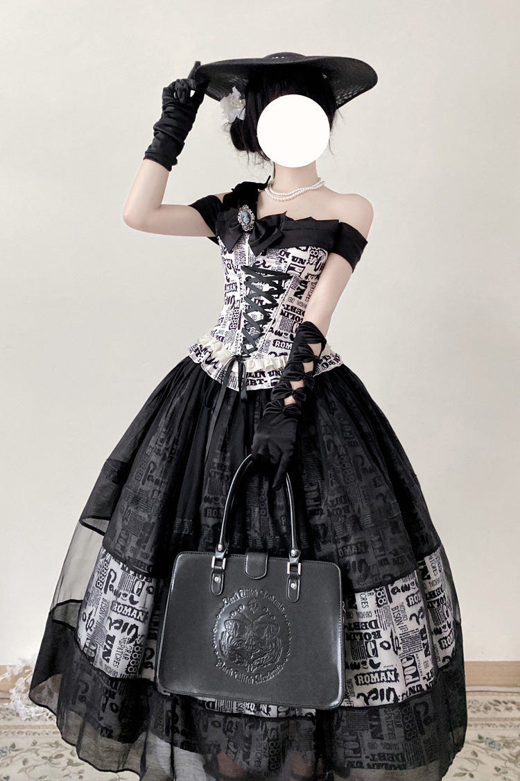Black [Pin-Up Girl] Boat Neck Printed Ruffled Bow Lace-Up Asymmetric Gothic Elegant Lolita Skirt Set - Product - 3