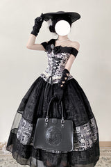 Black [Pin-Up Girl] Boat Neck Printed Ruffled Bow Lace-Up Asymmetric Gothic Elegant Lolita Skirt Set - Product - 3