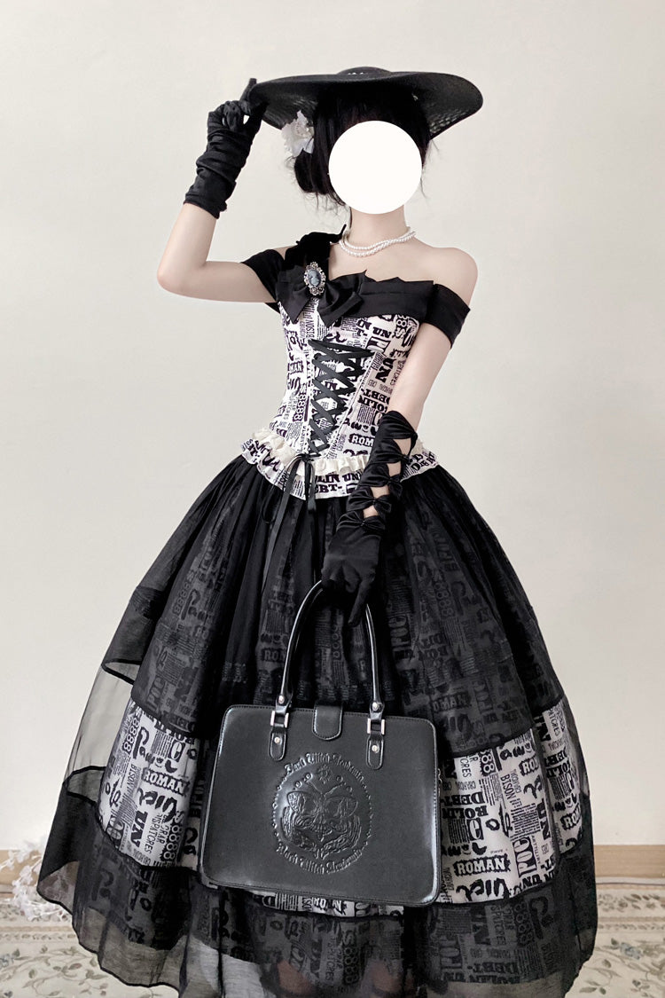 Black [Pin-Up Girl] Boat Neck Printed Ruffled Bow Lace-Up Asymmetric Gothic Elegant Lolita Skirt Set - Product - 3