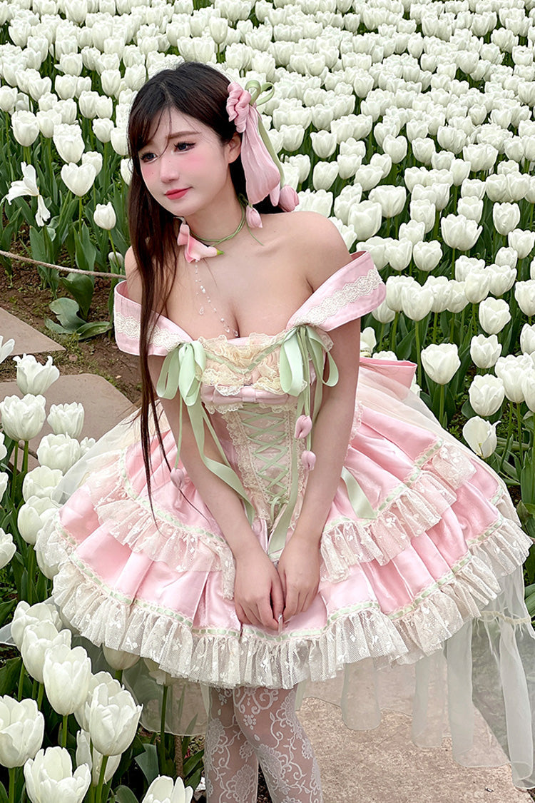 Pink [Tulip Love Song] Boat Neck Double-Layered Ruffle Bowknot Lace Lace-Up Romantic Sweet Princess Lolita Dress - Product - 15