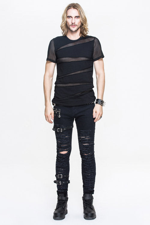 Black Partition Diamond Shape Mesh Gothic Punk Mens Tops T-Shirt - Product - 2