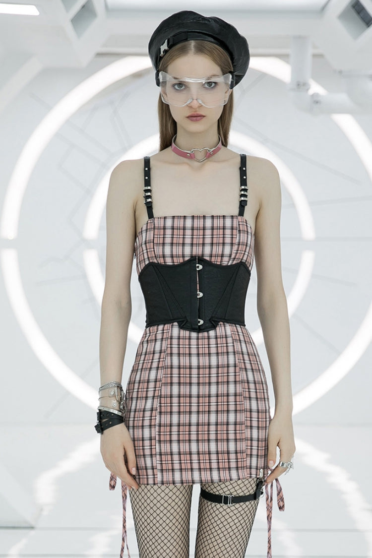 Plaid Print High Waisted Women's Punk Strap Dress 2 Colors - Pink - 8