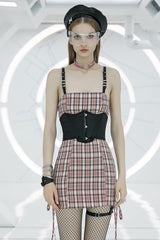 Plaid Print High Waisted Women's Punk Strap Dress 2 Colors - Pink - 8