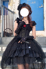 Black Short Sleeves Ruffle Rose Bowknot Elegant Princess Gothic Lolita Tiered Dress - Product - 10