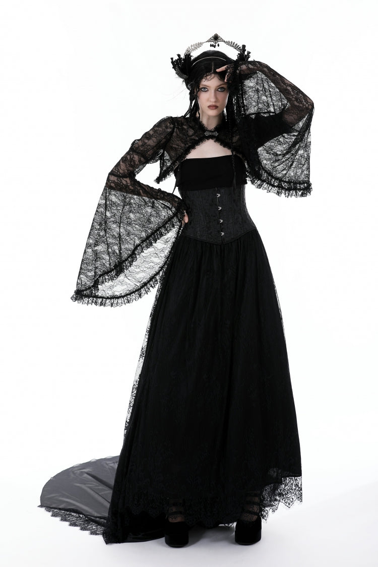 Black Long Flared Sleeves Ruffled Lace Women's Gothic Cape - Black - 1