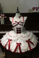 White [Candy Satin Ballet] Square Collar Sleeveless Multi-Layered Ruffled Bow Lace Pearl Detail Sweet Lolita Jsk Dress - Product - 3