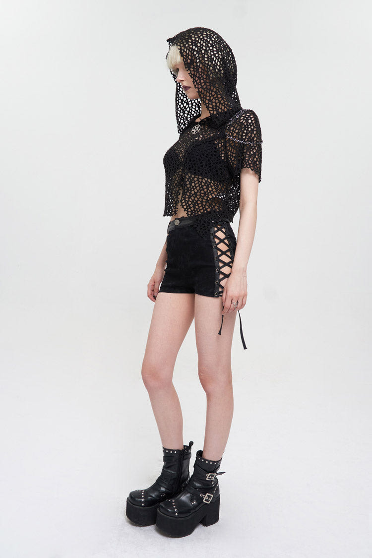 Black Cutout Hood Irregular Hem Aluminium Chain On Shoulder Short Sleeve Women's Punk T-Shirt - Product - 3