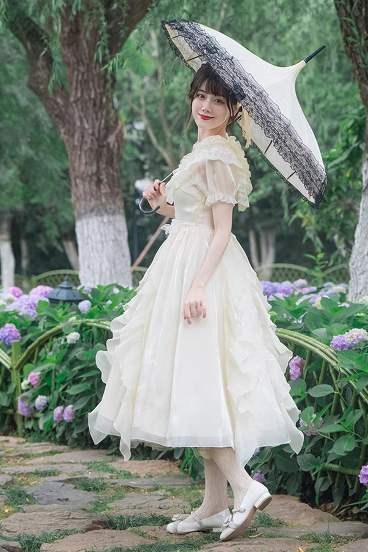 White V-Neck Lace Cla Daily Short Puff Sleeves Sweet Lolita Dress - Product - 4
