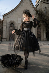 Black Square Collar Metal Chain Organza Stitching Gothic Lolita OP Dress (Short Version) - Product - 2