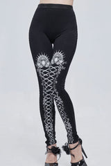Black/White Gothic Printed Decoration Tie-Rope Elasticity Women's Leggings - Product - 3