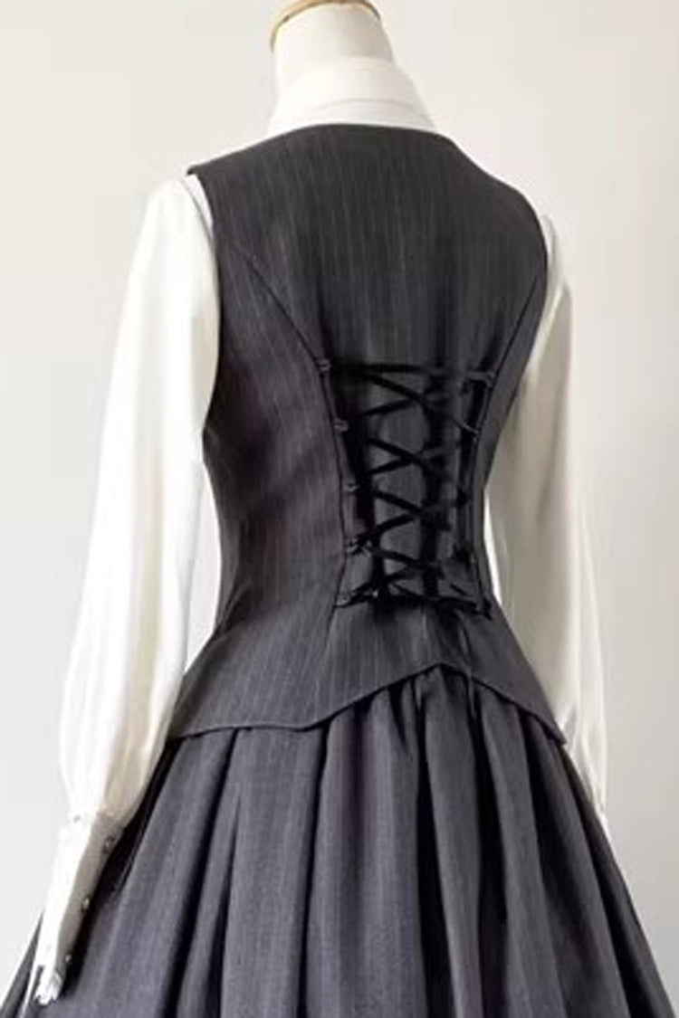 Grey [Griffin’s Pact] Bust Support Striped Printed Gothic Ouji Lolita Shorts Vest Set - Product - 2