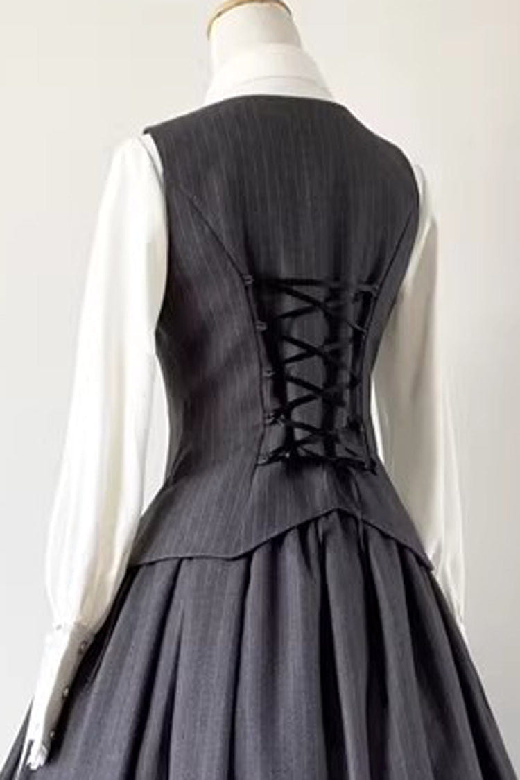 Grey [Griffin’s Pact] Striped Printed Ruffled Gothic Lolita Skirt Vest Set - Product - 7