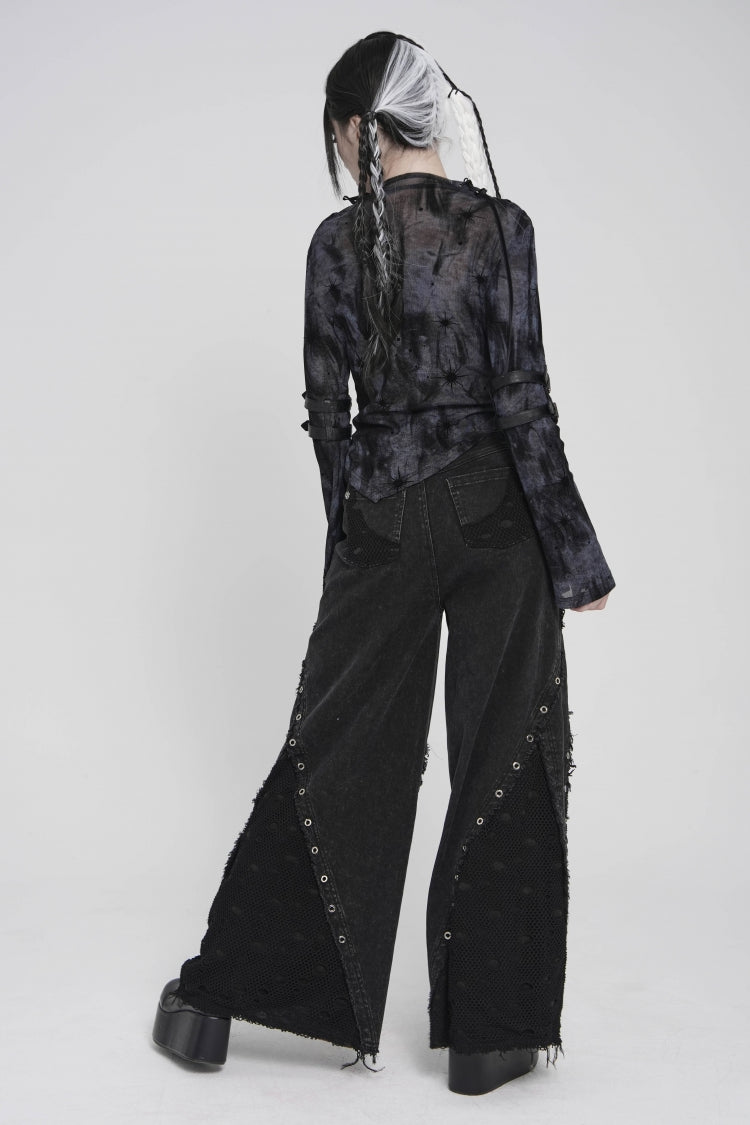 Black Stand Collar Long Sleeves Printed Spliced Lace-Up Asymmetric Buckled Women's Punk Blouse - Product - 7