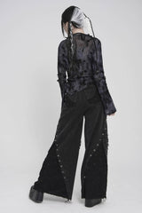 Black Stand Collar Long Sleeves Printed Spliced Lace-Up Asymmetric Buckled Women's Punk Blouse - Product - 7