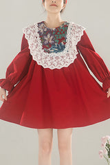 Red Lace Panel Round Collar Ruffled Long Sleeves High Waisted Sweet Lolita OP Dress - Red - 1