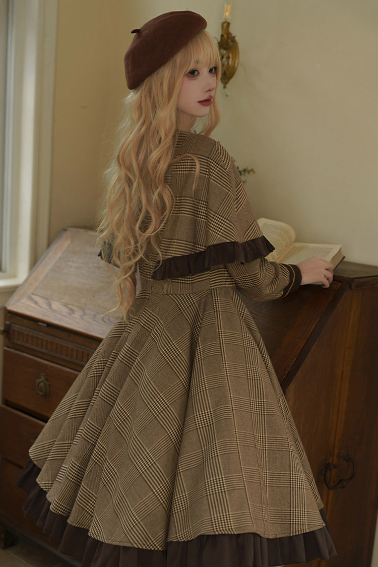 Brown [Baker Street Stories] Stripe Print Ruffle Fake Two Pieces British College Style Classic Lolita Dress - Product - 12