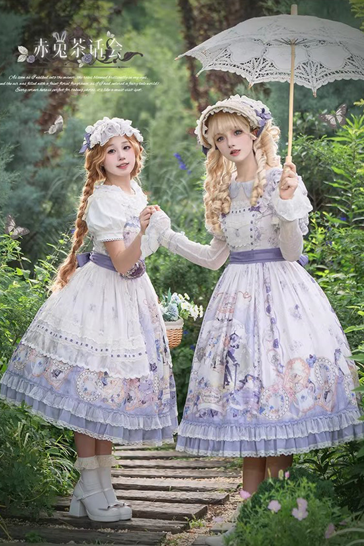 Purple [Red Hare Tea Party] Lapel Collar Long Sleeves Printed Ruffled Lace Chiffon Sweet Elegant Lolita Dress - Product - 4